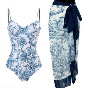 Elegant Blue and White Toile One Piece Swimsuit and matching Sarong